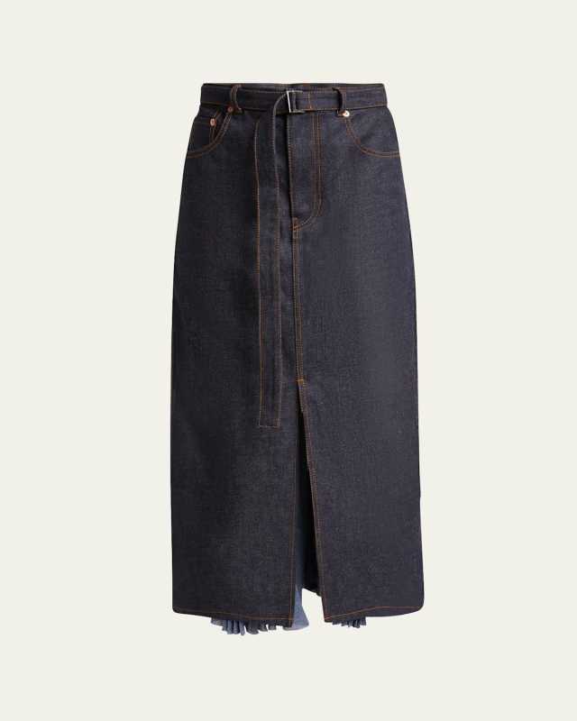 Pleated Back Denim Belted Midi Skirt